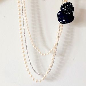 Layered Faux Pearl White Silver Chain Statement Necklace Navy Polka Dots Brooch